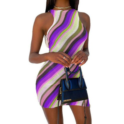 Women's Crew Neck Sleeveless Tank Stripes Bodycon Asymmetrical Hem Mini Tank Dress