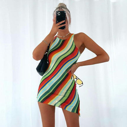 Women's Crew Neck Sleeveless Tank Stripes Bodycon Asymmetrical Hem Mini Tank Dress