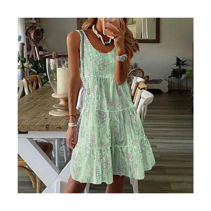 Women's Summer Sleeveless Crew Neck Floral Print Tiered Ruffled Hem Flowy Midi Dresses