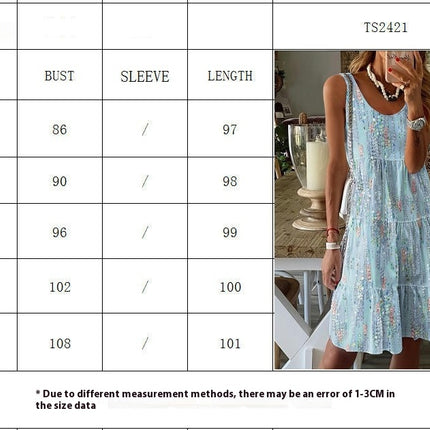 Women's Summer Sleeveless Crew Neck Floral Print Tiered Ruffled Hem Flowy Midi Dresses