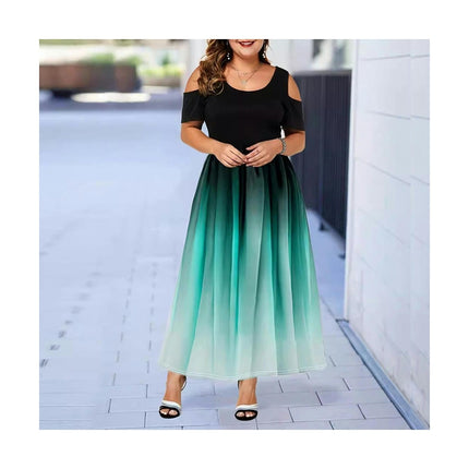 Women's Summer Maxi Dresses Crew Neck Cold Shoulder Short Sleeve Plus Size Dress