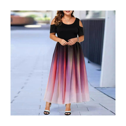 Women's Summer Maxi Dresses Crew Neck Cold Shoulder Short Sleeve Plus Size Dress