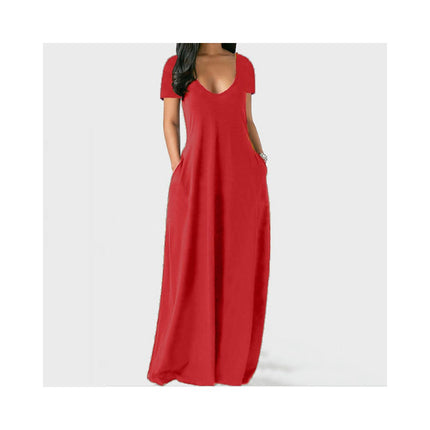 Women's Summer Casual Short Sleeve Deep V Neck Dress Loose Maxi Dress with Pockets