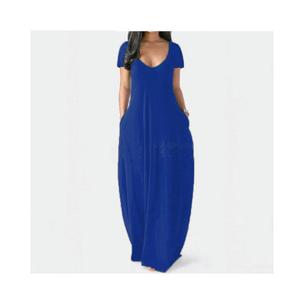 Women's Summer Casual Short Sleeve Deep V Neck Dress Loose Maxi Dress with Pockets