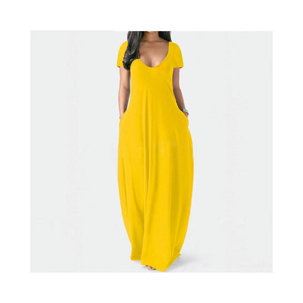 Women's Summer Casual Short Sleeve Deep V Neck Dress Loose Maxi Dress with Pockets