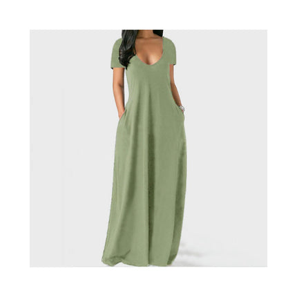 Women's Summer Casual Short Sleeve Deep V Neck Dress Loose Maxi Dress with Pockets