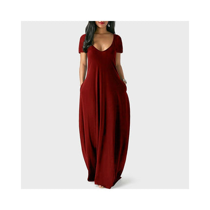 Women's Summer Casual Short Sleeve Deep V Neck Dress Loose Maxi Dress with Pockets