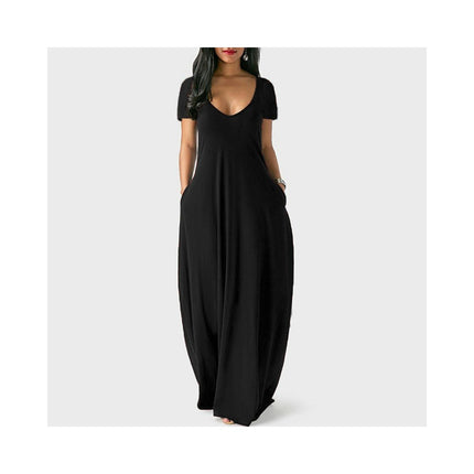 Women's Summer Casual Short Sleeve Deep V Neck Dress Loose Maxi Dress with Pockets