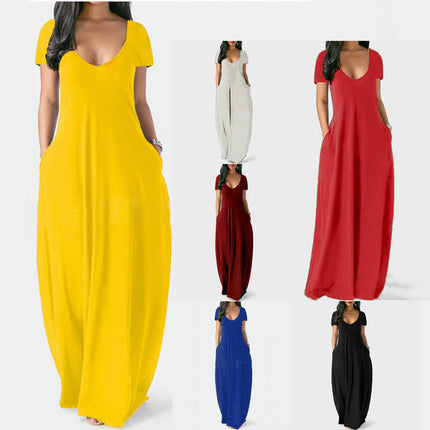 Women's Summer Casual Short Sleeve Deep V Neck Dress Loose Maxi Dress with Pockets