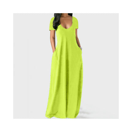 Women's Summer Casual Short Sleeve Deep V Neck Dress Loose Maxi Dress with Pockets