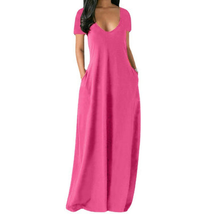 Women's Summer Casual Short Sleeve Deep V Neck Dress Loose Maxi Dress with Pockets