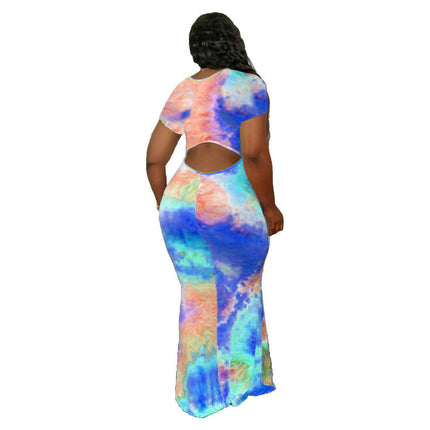 Women's Summer Crew Neck Dress Short Sleeve Tie Dye Backless Bodycon Maxi Dresses