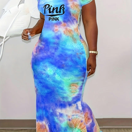 Women's Summer Crew Neck Dress Short Sleeve Tie Dye Backless Bodycon Maxi Dresses