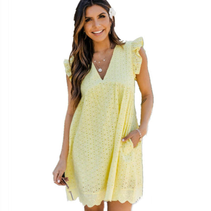 Women's Cap Sleeves V Neck Dress Ruffle Hem A Line Eyelets Mini Dress