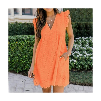 Women's Cap Sleeves V Neck Dress Ruffle Hem A Line Eyelets Mini Dress