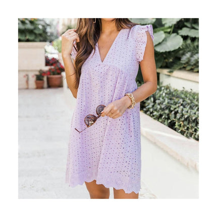 Women's Cap Sleeves V Neck Dress Ruffle Hem A Line Eyelets Mini Dress