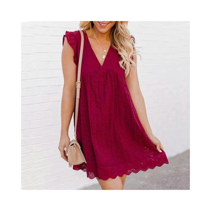 Women's Cap Sleeves V Neck Dress Ruffle Hem A Line Eyelets Mini Dress