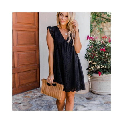 Women's Cap Sleeves V Neck Dress Ruffle Hem A Line Eyelets Mini Dress