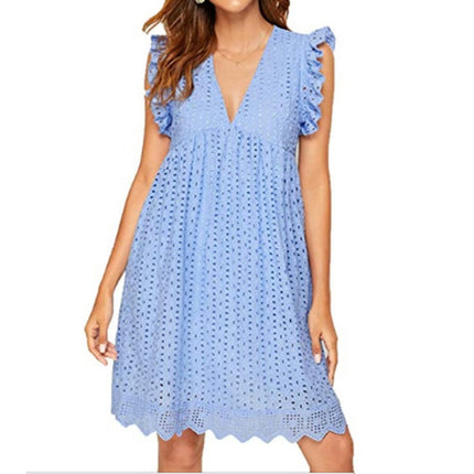 Women's Cap Sleeves V Neck Dress Ruffle Hem A Line Eyelets Mini Dress