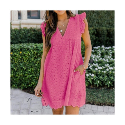 Women's Cap Sleeves V Neck Dress Ruffle Hem A Line Eyelets Mini Dress