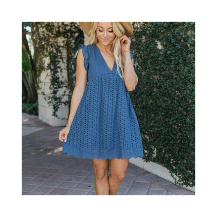 Women's Cap Sleeves V Neck Dress Ruffle Hem A Line Eyelets Mini Dress