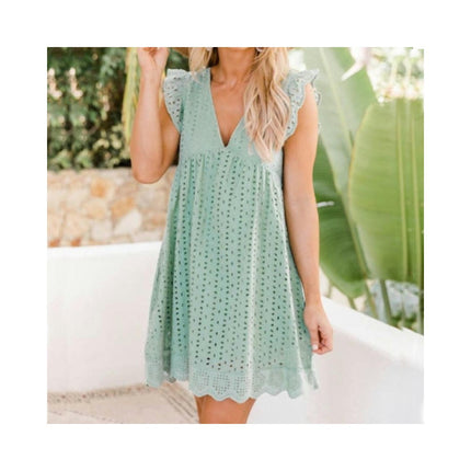 Women's Cap Sleeves V Neck Dress Ruffle Hem A Line Eyelets Mini Dress