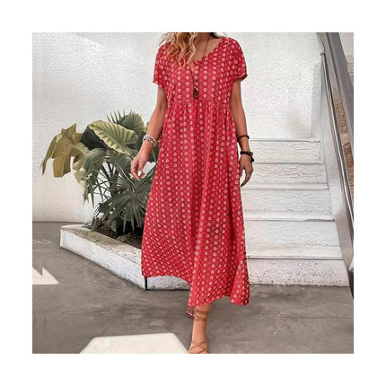 Women's Summer Short Sleeve Maxi Dresses Casual Crew Neck A-Line Flowy Dress