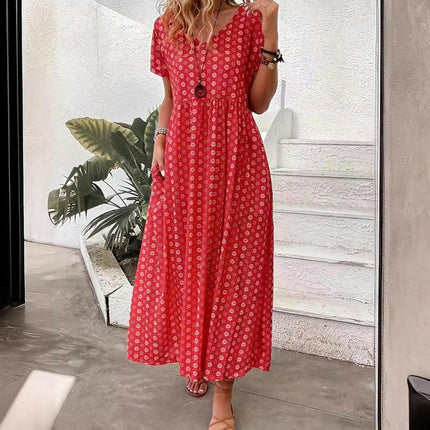 Women's Summer Short Sleeve Maxi Dresses Casual Crew Neck A-Line Flowy Dress