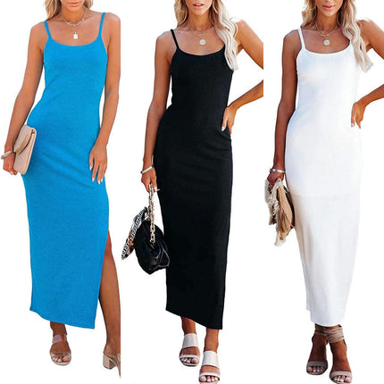 Women's Sexy Bodycon Party Dresses Sleeveless Spaghetti Strap Split Midi Dress