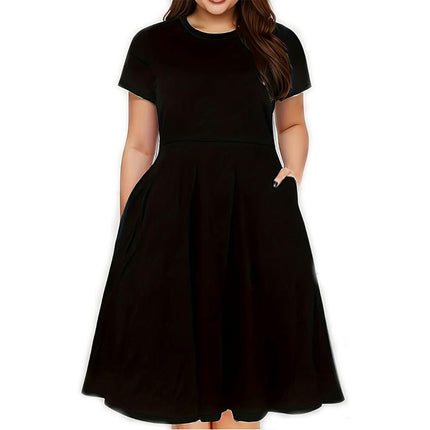 Women's Summer Casual Short Sleeve Dress Crew Neck A Line Swing Midi Dresses