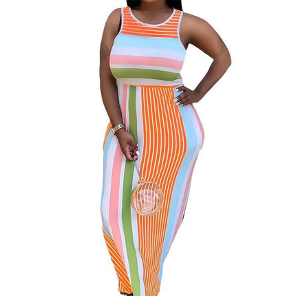 Womens Summer Dresses Striped Print Crew Neck Bodycon Maxi Tank Dress