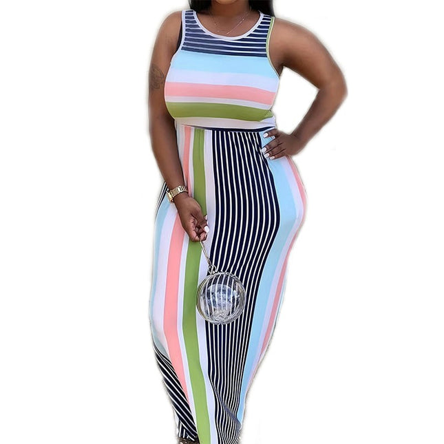 Womens Summer Dresses Striped Print Crew Neck Bodycon Maxi Tank Dress