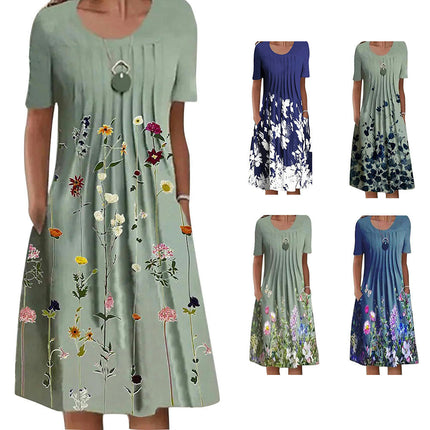 Women's Summer Short Sleeve A-Line Midi Dresses Casual Floral Flowy Beach Sundress