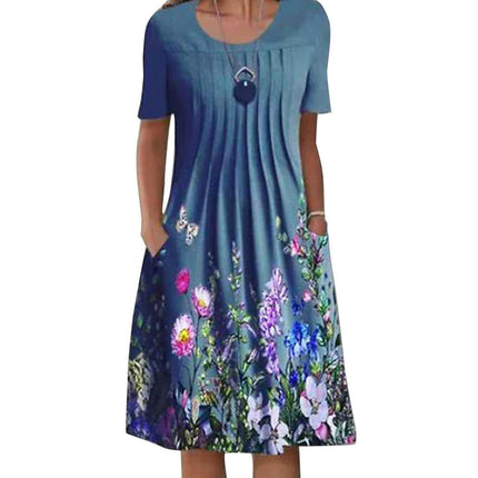 Women's Summer Short Sleeve A-Line Midi Dresses Casual Floral Flowy Beach Sundress