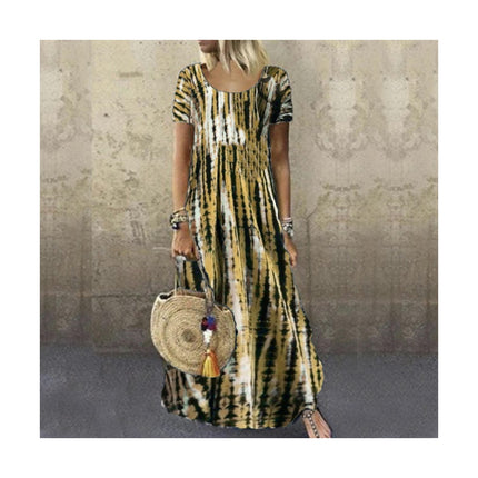 Women's Summer Short Sleeve Crew Neck Maxi Dresses Casual Printed Flowy Sundress