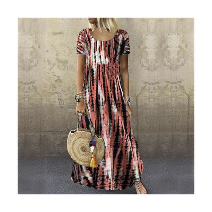 Women's Summer Short Sleeve Crew Neck Maxi Dresses Casual Printed Flowy Sundress