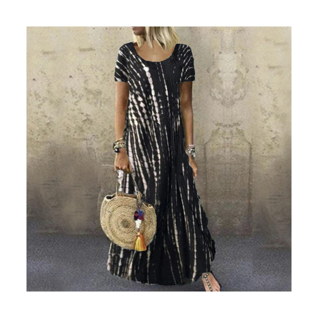 Women's Summer Short Sleeve Crew Neck Maxi Dresses Casual Printed Flowy Sundress