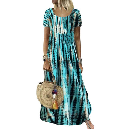 Women's Summer Short Sleeve Crew Neck Maxi Dresses Casual Printed Flowy Sundress