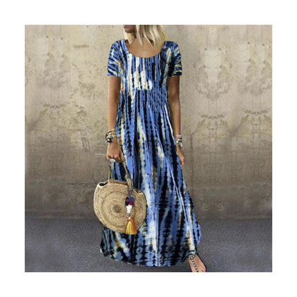 Women's Summer Short Sleeve Crew Neck Maxi Dresses Casual Printed Flowy Sundress