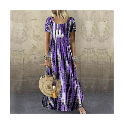 Women's Summer Short Sleeve Crew Neck Maxi Dresses Casual Printed Flowy Sundress