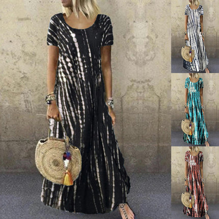 Women's Summer Short Sleeve Crew Neck Maxi Dresses Casual Printed Flowy Sundress