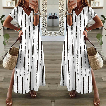 Women's Summer Short Sleeve V Neck Maxi Dresses Casual Printed Split Dresses