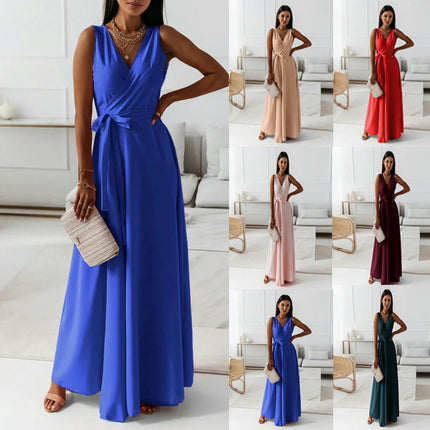 Women's Summer Sleeveless Maxi Dresses V Neck Tie A-Line Flowy Dress