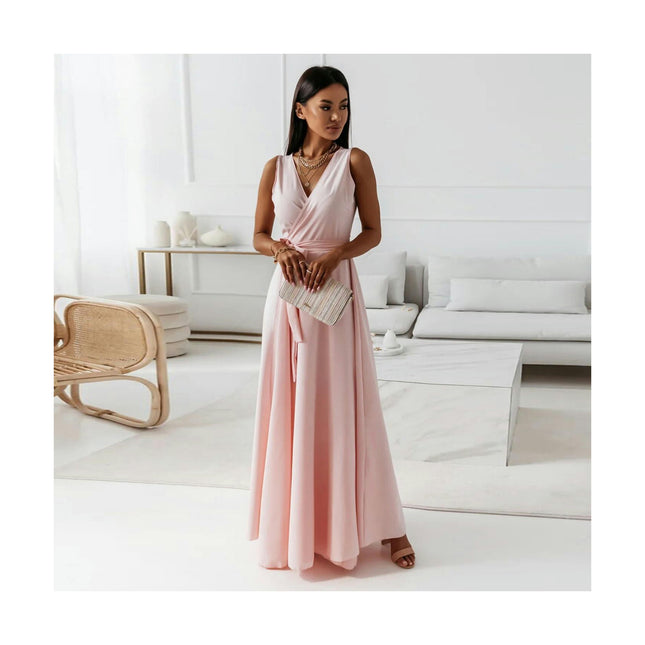 Women's Summer Sleeveless Maxi Dresses V Neck Tie A-Line Flowy Dress