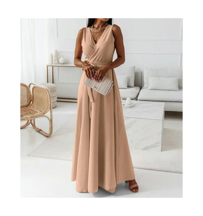 Women's Summer Sleeveless Maxi Dresses V Neck Tie A-Line Flowy Dress