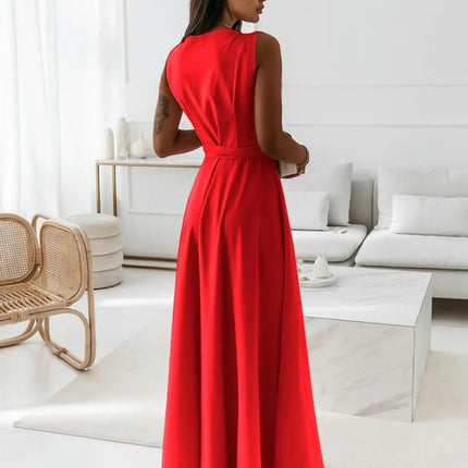 Women's Summer Sleeveless Maxi Dresses V Neck Tie A-Line Flowy Dress