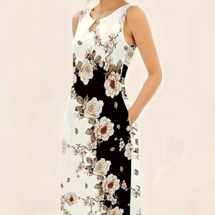 Women Summer Casual Floral Sleeveless Maxi Sundress Crew Neck A-Line Flowy Long Dresses