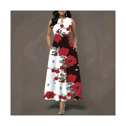 Women Summer Casual Floral Sleeveless Maxi Sundress Crew Neck A-Line Flowy Long Dresses