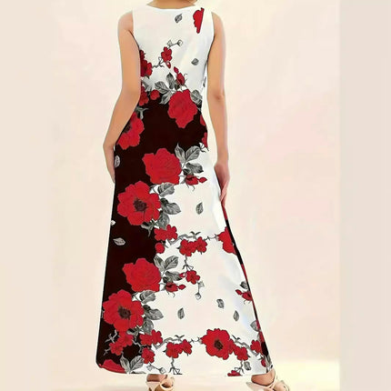 Women Summer Casual Floral Sleeveless Maxi Sundress Crew Neck A-Line Flowy Long Dresses