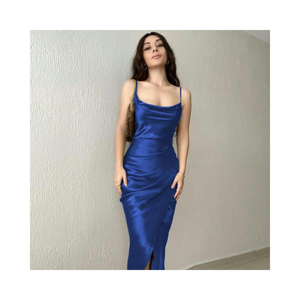 Women Sexy Satin Dress Bodycon Sleeveless Spaghetti Strap Ruched Maxi Dress